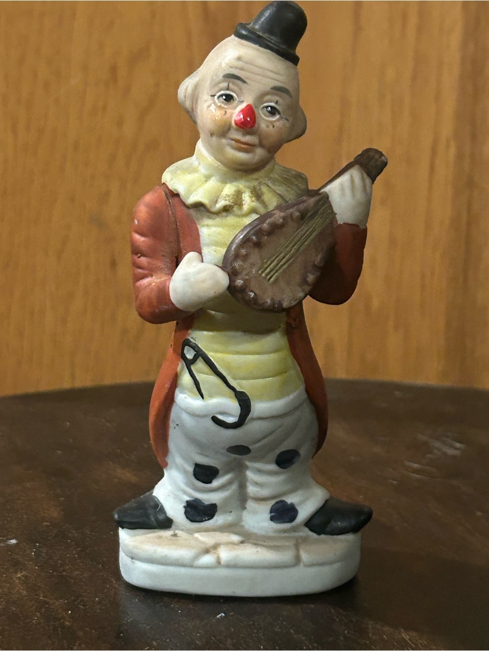 Vintage Clown Figurine with Mandolin - White, Red, Yellow